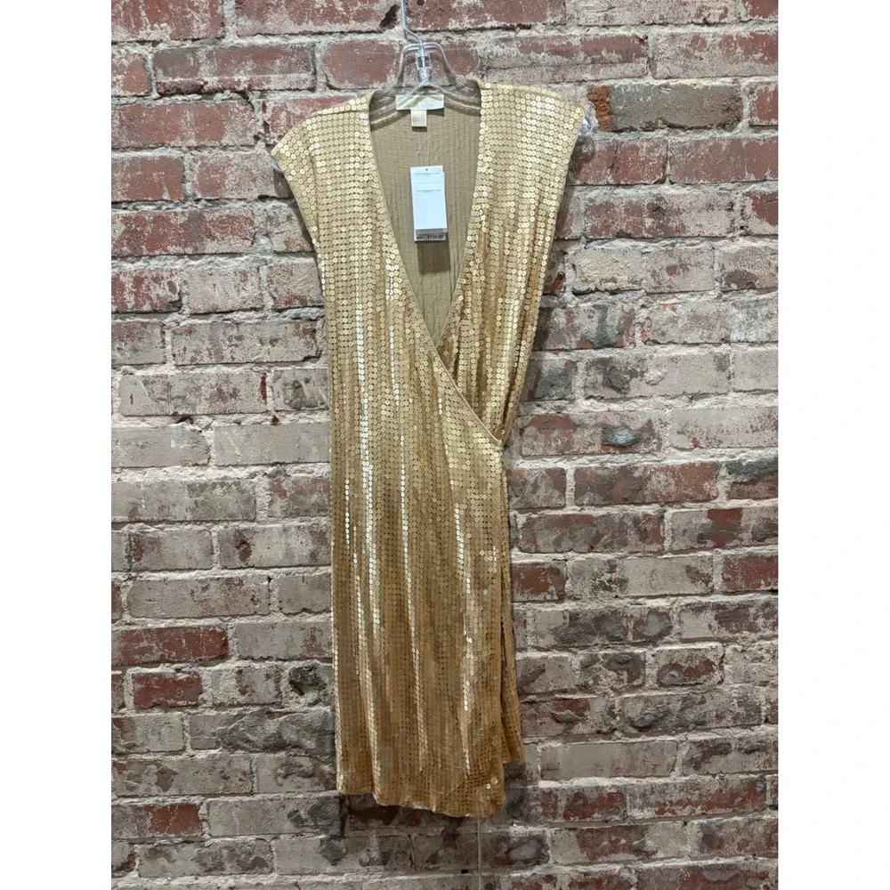 NEW Michael Kors Sequin Faux Wrap Dress Dark Camel Gold XS‎